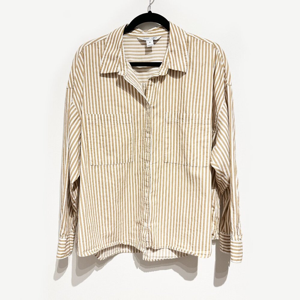 Old Navy Cropped Boyfriend Shirt Tan and White Stripe XL